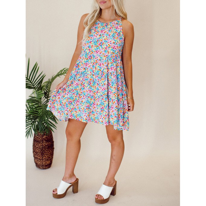 Floral patterned lace up hollowed out dress