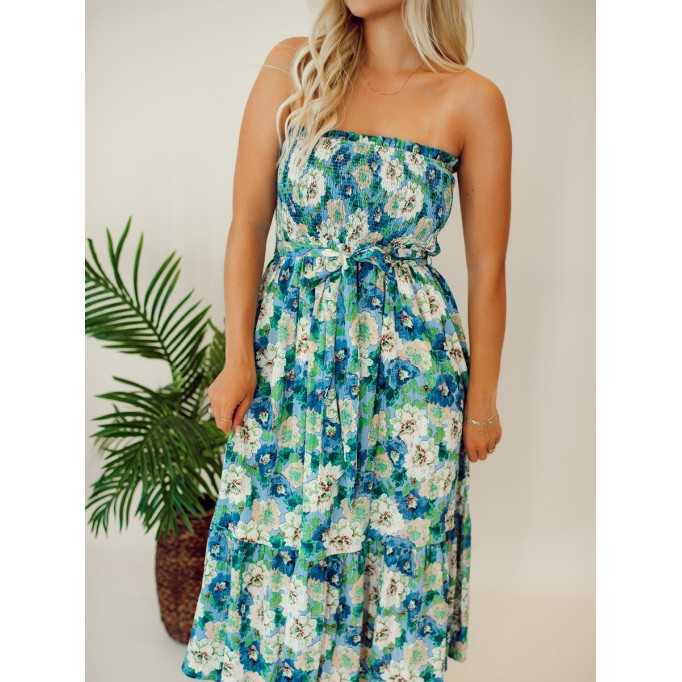 Floral patterned strapless mid length dress