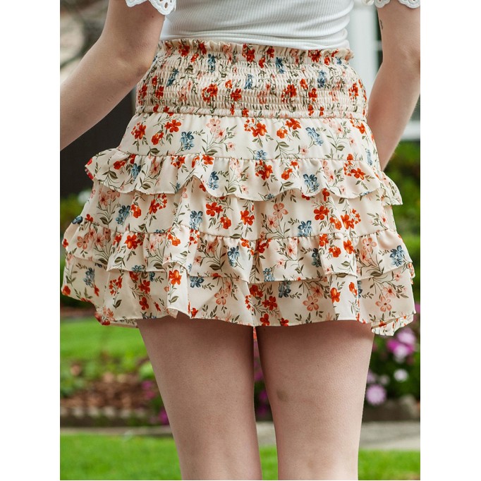 FLORAL SHIRRED RUFFLE FLARED CASUAL SKIRTS