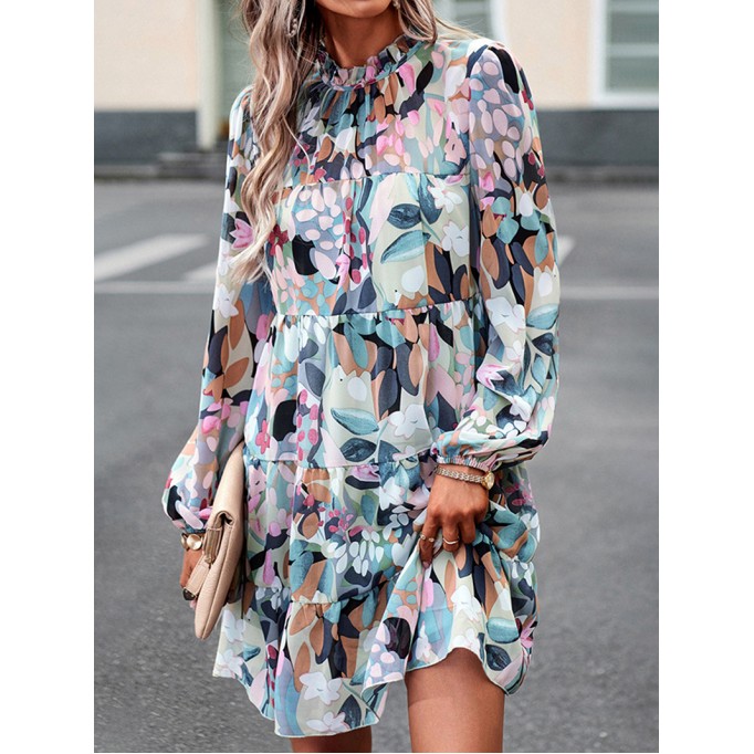 Green Frilled Neck Tiered Floral Dress