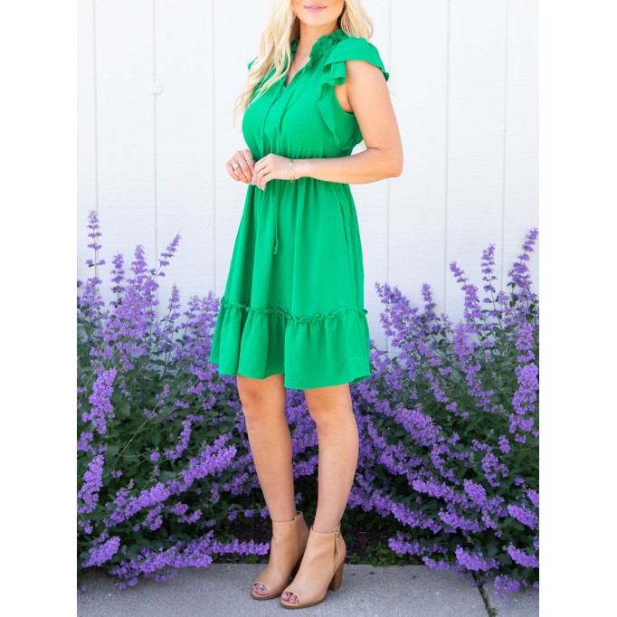 Green ruffled sleeve mini dress