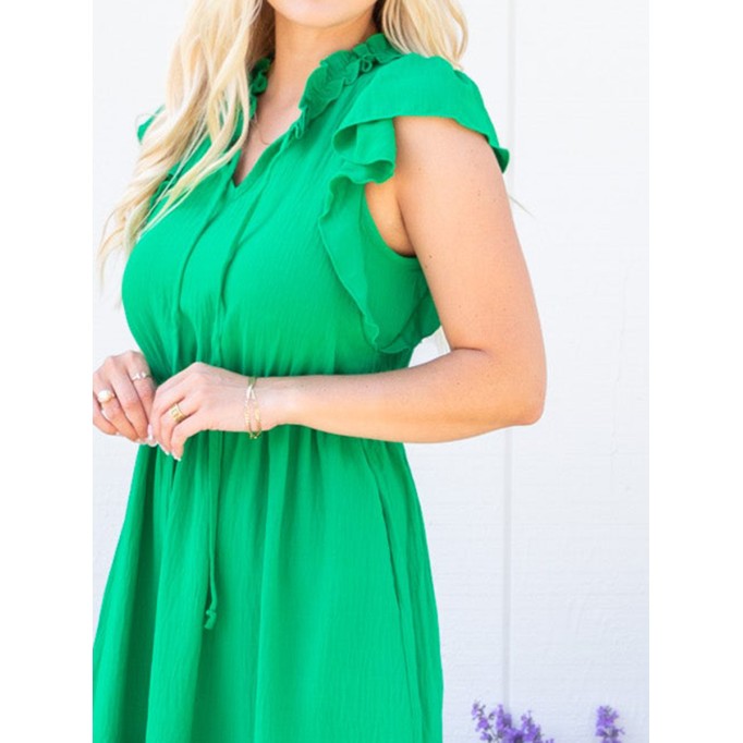 Green ruffled sleeve mini dress