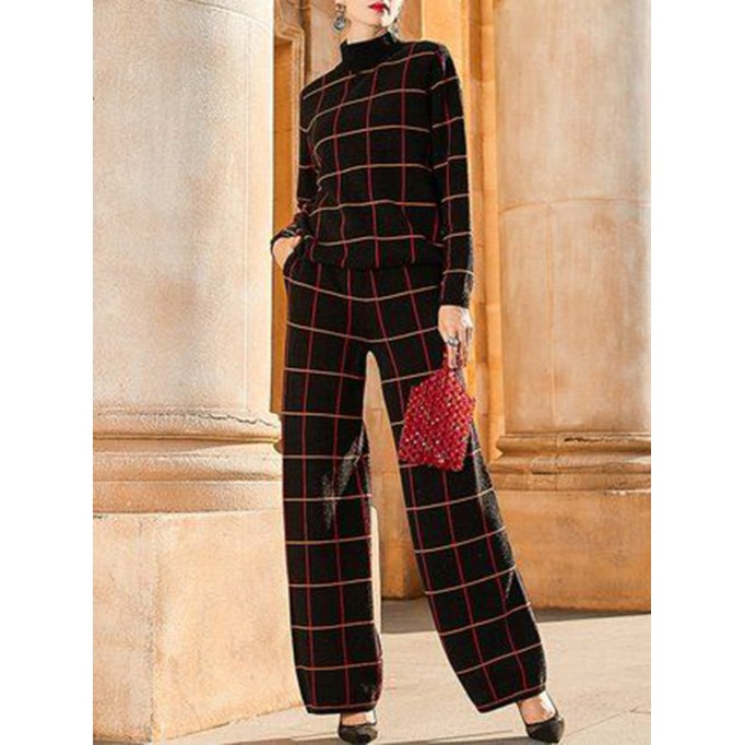 Ladies casual plaid high collar two piece set