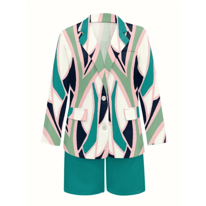 Ladies elegant print professional elegant suit jacket shorts 2 piece set