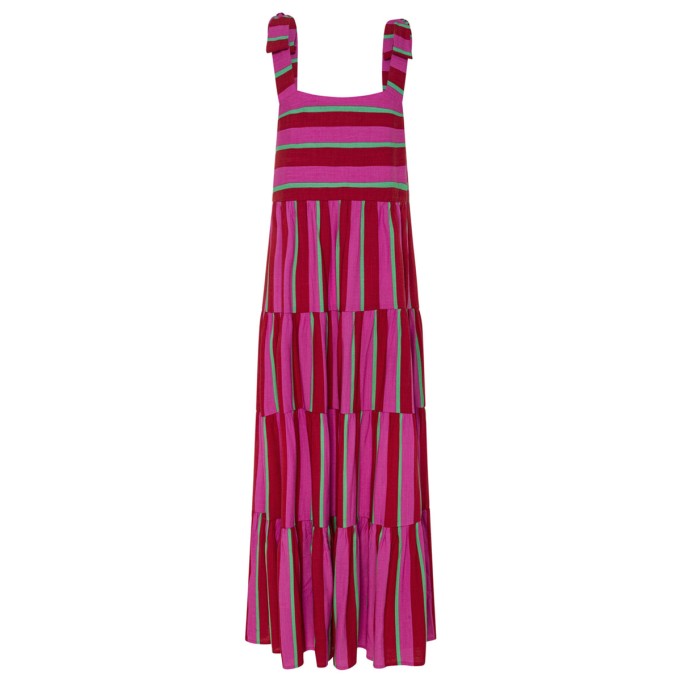 Ladies red printed holiday dress with straps and stripes