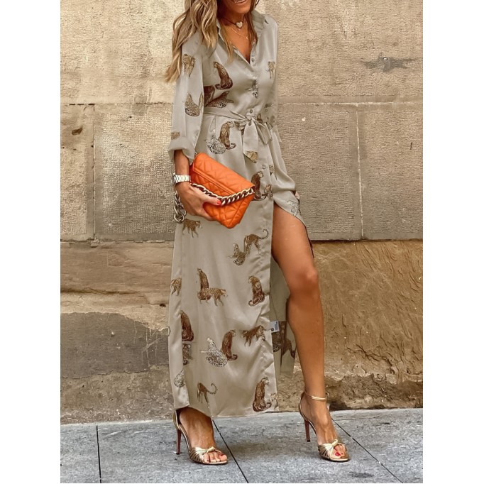 Leopard Lace Up Single Breasted Long Sleeve Dress