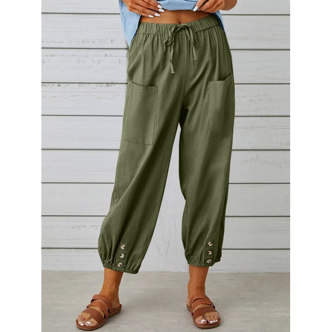 Loose-fitting high-waisted buttoned cotton and linen cropped pants