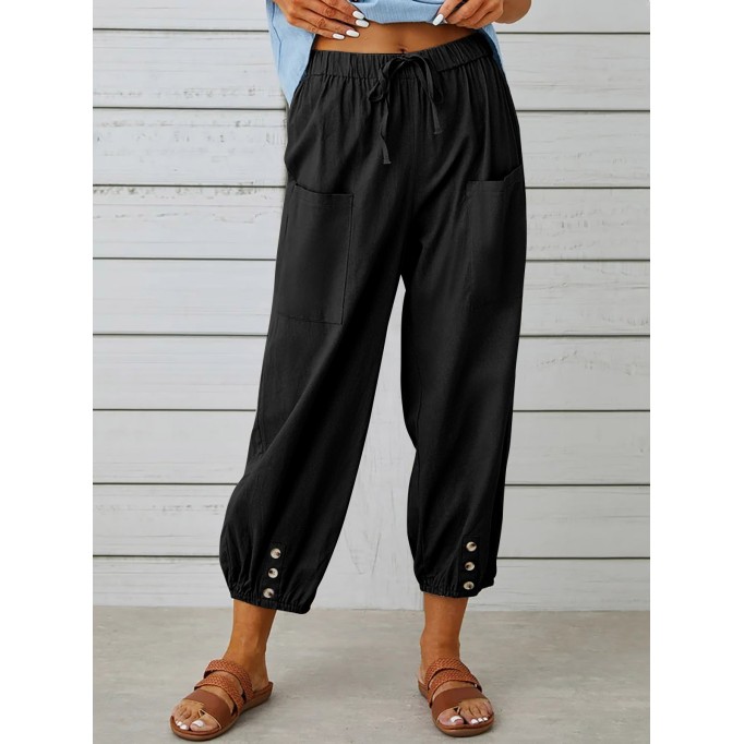 Loose-fitting high-waisted buttoned cotton and linen cropped pants