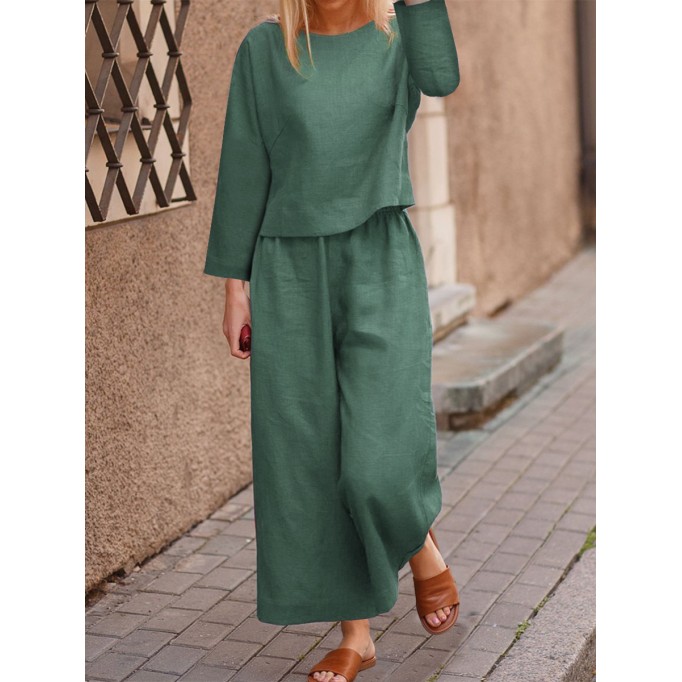 Loose solid color shirt and pants two-piece set