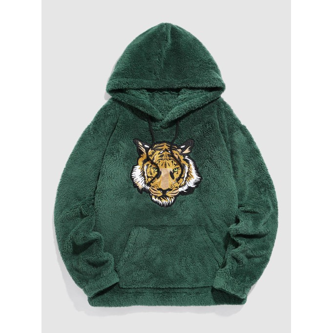 Men's tiger embroidered pocket puffy hoodie