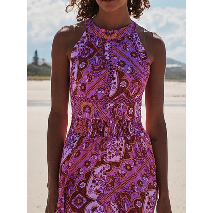 Neckline geometric print split dress