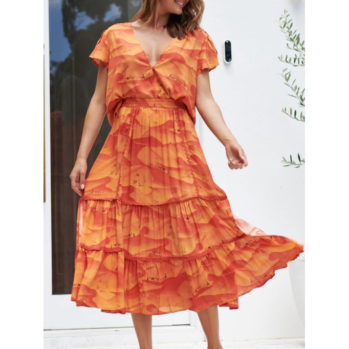 Orange V-neck cross neckline print waist dress