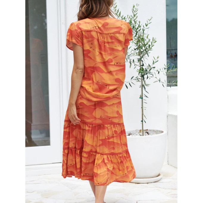 Orange V-neck cross neckline print waist dress