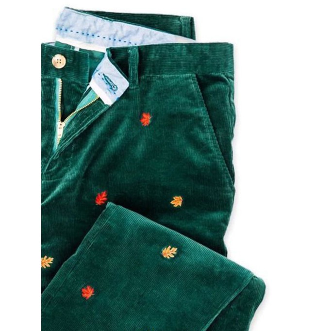 Retro Corduroy Maple Leaf Dark Green Casual Pants