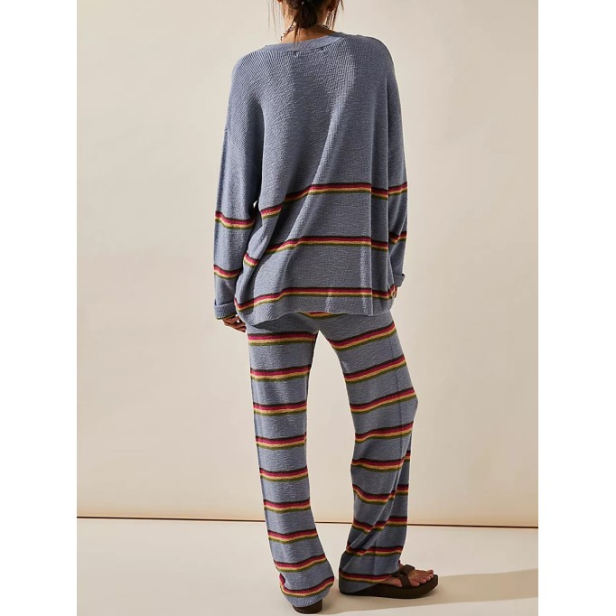 Round neck long sleeved striped sweater and pants two-piece set
