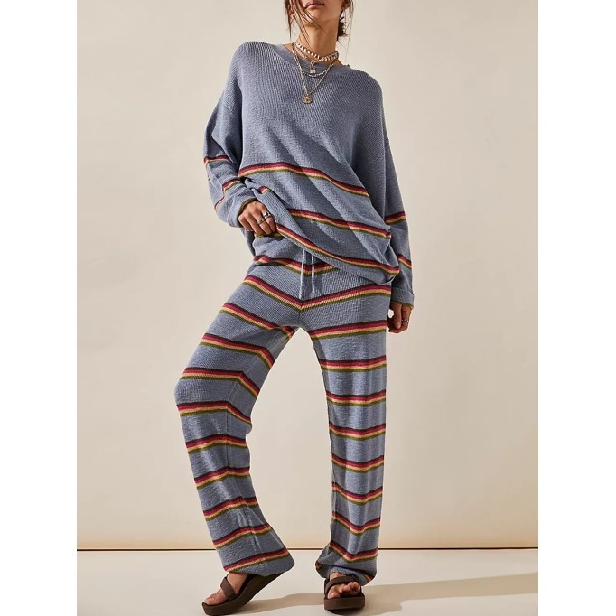 Round neck long sleeved striped sweater and pants two-piece set