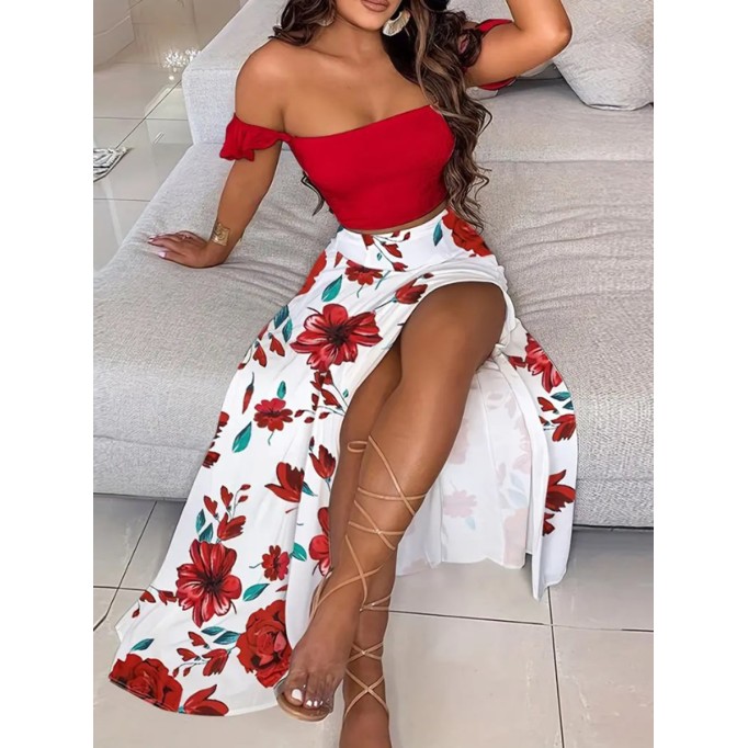 Sexy strapless, off-the-shoulder printed half skirt vacation set