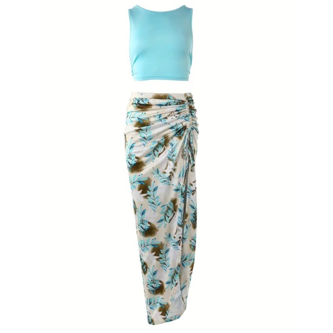 Sexy vacation style I-tank top + printed skirt 2 piece set