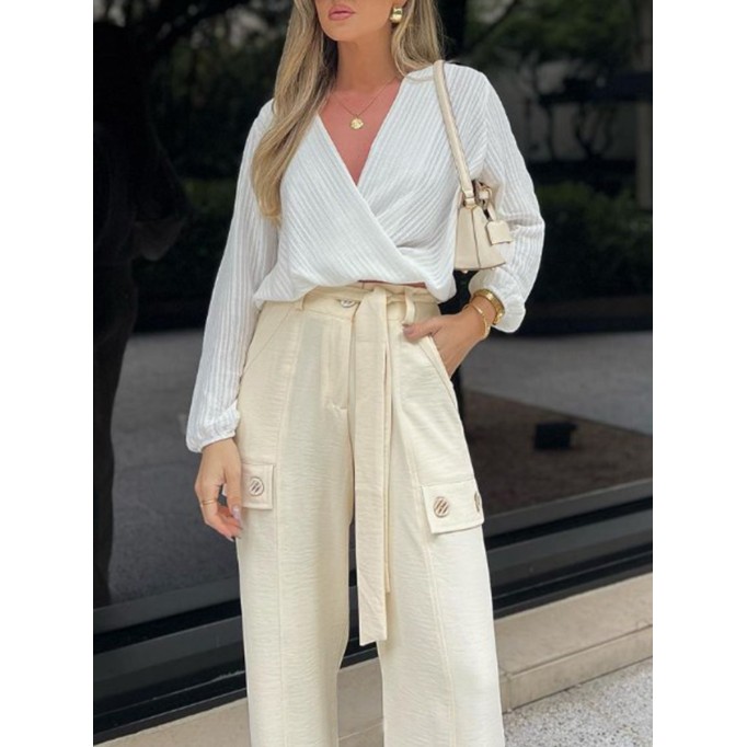Simple crossed V-neck shirt + trousers 2-piece set