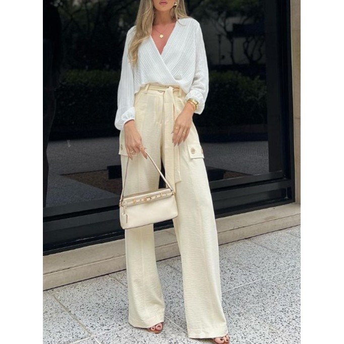Simple crossed V-neck shirt + trousers 2-piece set