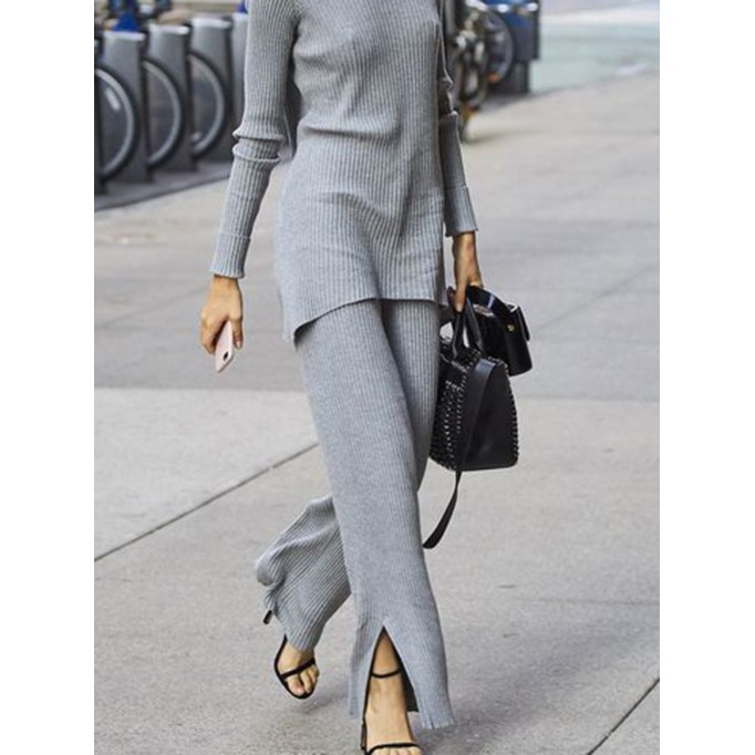 Simple solid color slit knitted two-piece set