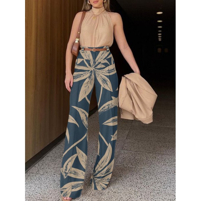 Simple women's printed halter top + patchwork wide-leg pant suit