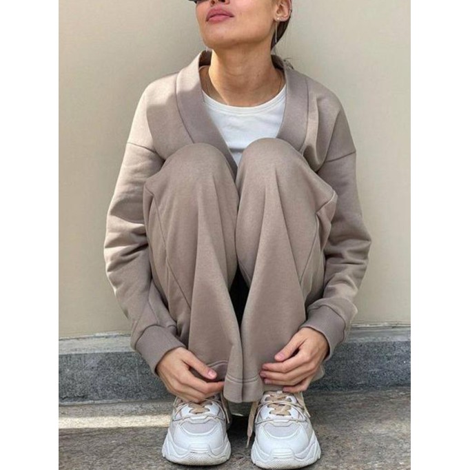 Solid color cardigan long sleeved sweater pants two-piece set
