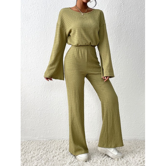 Solid color flare sleeve top wide leg pants set