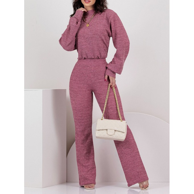 Solid color lantern sleeve top high waisted pants two-piece set