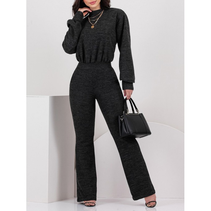Solid color lantern sleeve top high waisted pants two-piece set