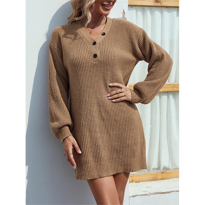 Solid Color V-neck Button Mid-length Women's Sweater Dress