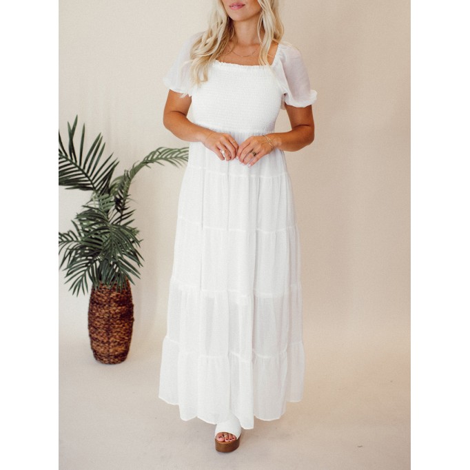 Square neck bubble sleeve layered extra long skirt