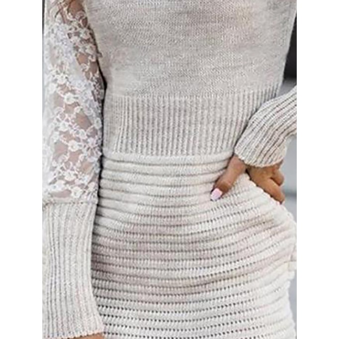 V-neck lace sleeve knit mini dress