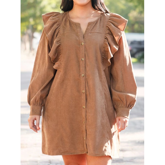 V-neck ruffled button loose fitting dress