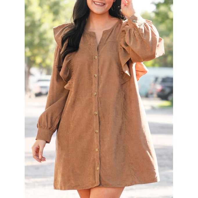 V-neck ruffled button loose fitting dress
