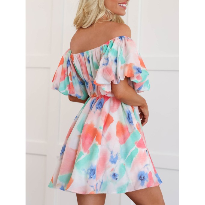 Watercolor pattern bubble sleeve dress