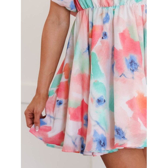 Watercolor pattern bubble sleeve dress