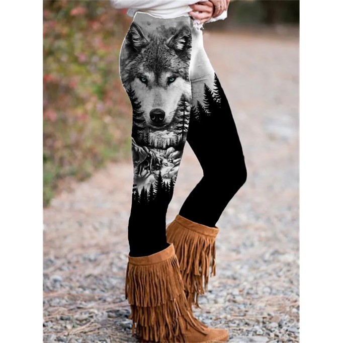Wild Wolf Dark Forest Contrast Stretch Leggings