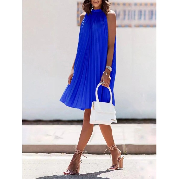 Women's blue elegant halter-neck pleated dress
