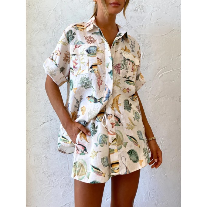 Women's Personalized Fish Print Short Sleeve Vacation Style Casual Tie Set