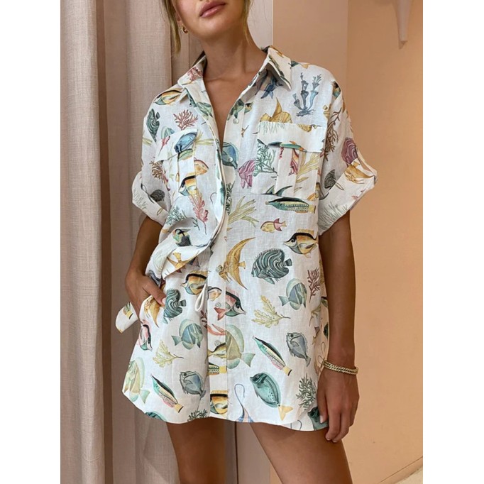 Women's Personalized Fish Print Short Sleeve Vacation Style Casual Tie Set