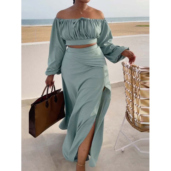Women's Solid Color Slit Strapless Long Sleeve Top Halter Dress Set