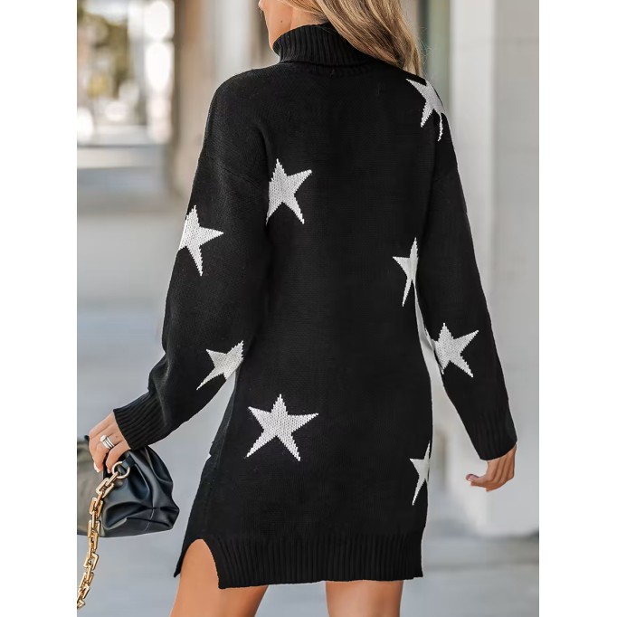 Women's Star Print Turtleneck Mini Sweater Dress