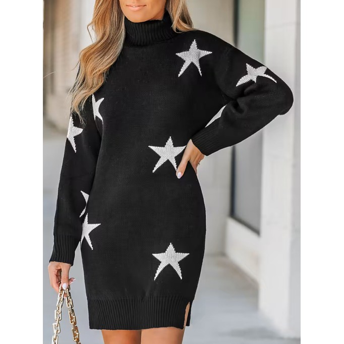 Women's Star Print Turtleneck Mini Sweater Dress